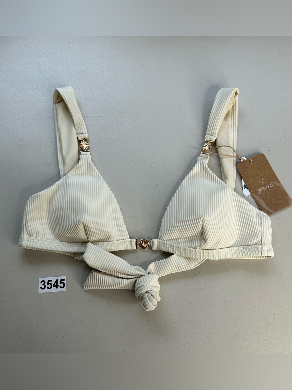 Berlook Bikini Top Small Off White Gold Accented Wide Strap Ribbed New